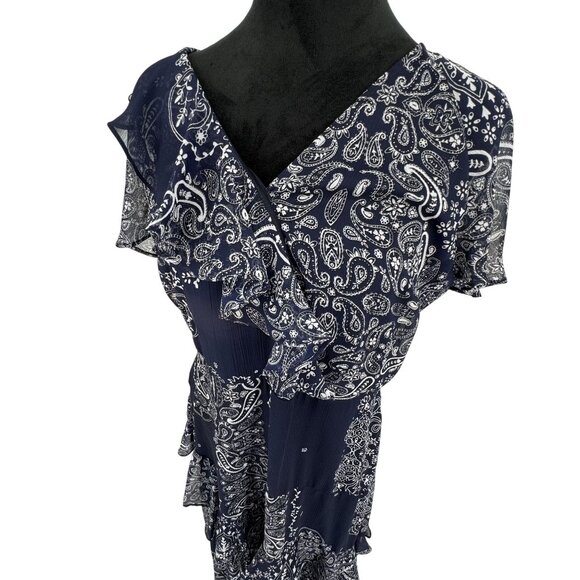 Chaps Maxi Dress Womens Size 12 Navy Paisley Ruffle Empire Waist Layered‎ Flowy - Picture 1 of 8